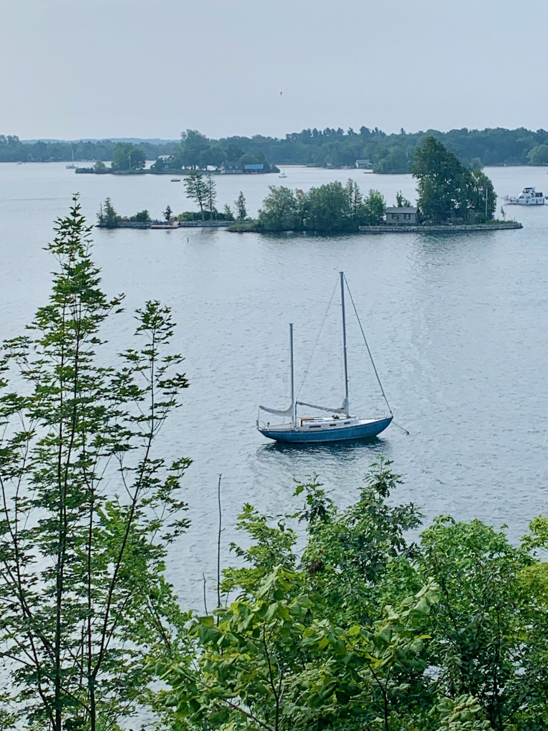 sailboat on the water framed by trees in the foreground and islands behind