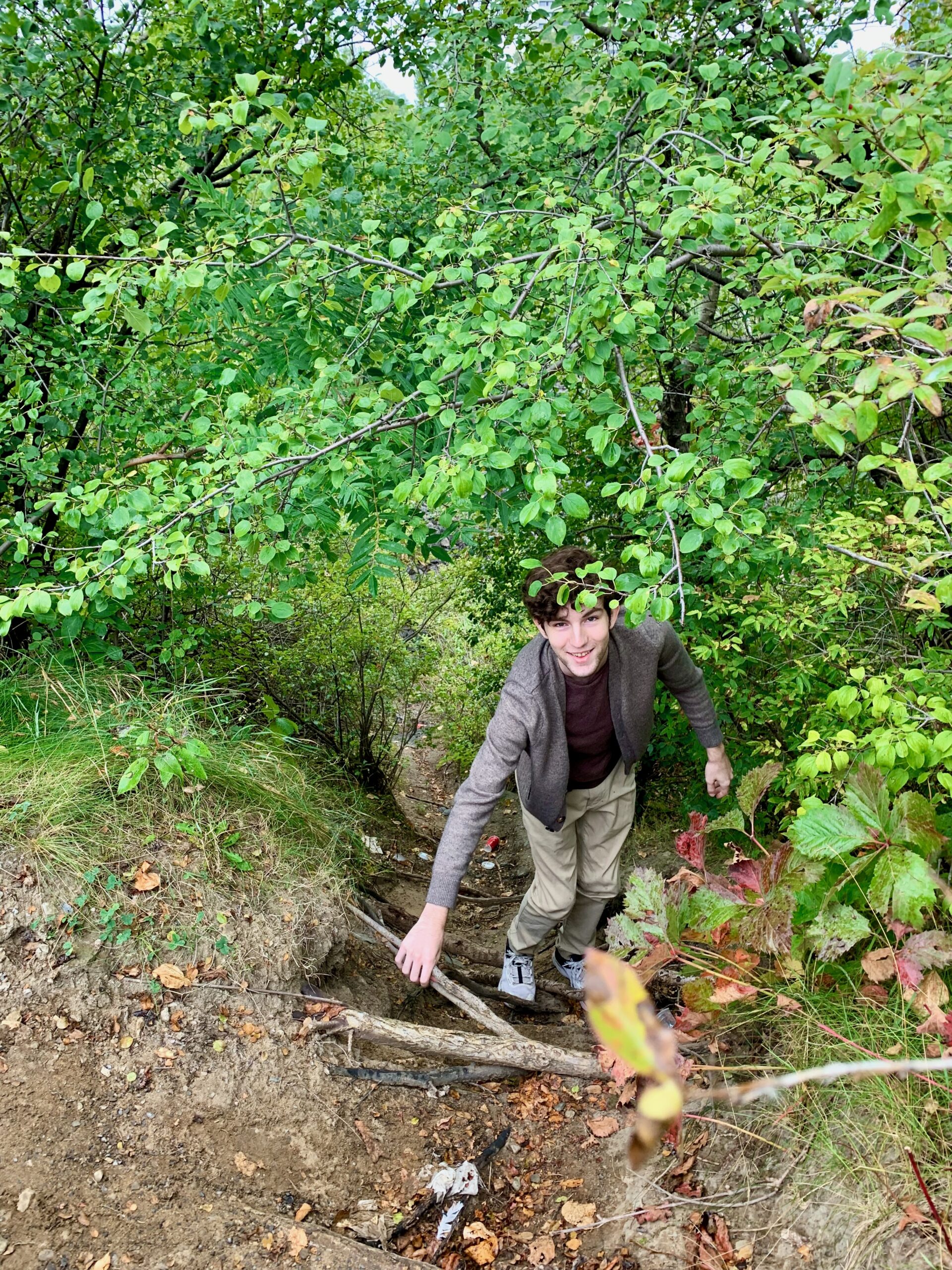 Young man smiling as he climbs a path of roots in the forest